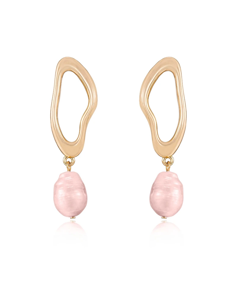 Ettika Open Circle 18k Gold Plated and Pink Freshwater Pearl Dangle Earrings