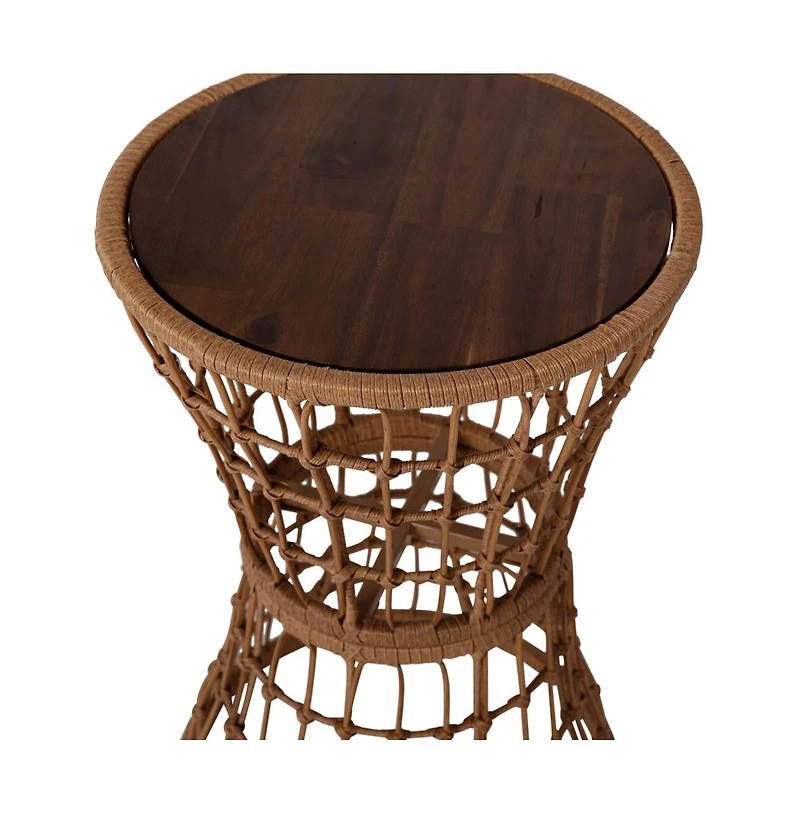 Ari All-Weather Faux Rattan Rope Patio Table With Acacia Wood Top For Indoor And Outdoor Use