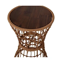 Ari All-Weather Faux Rattan Rope Patio Table With Acacia Wood Top For Indoor And Outdoor Use