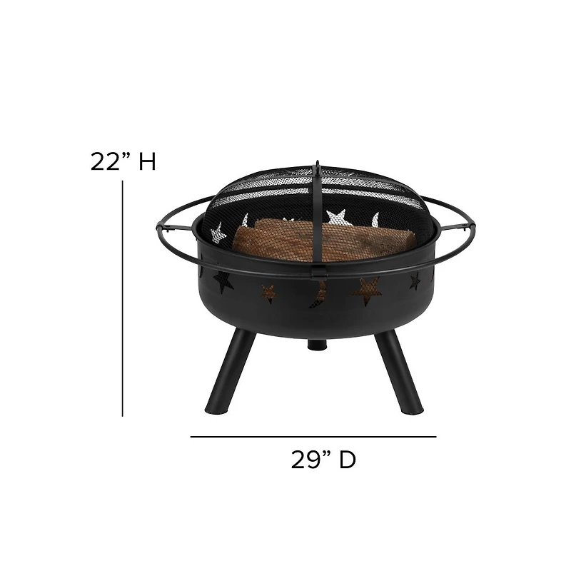 Emma+Oliver Round Wood Burning Sun & Moon Cutout Outdoor Firepit With Mesh Spark Screen