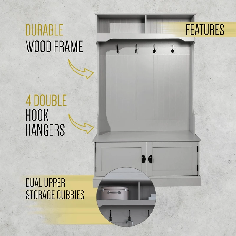 Hall Tree With Double Door Entryway Storage Bench, 4 Hook Coat Rack, Top Cubbies