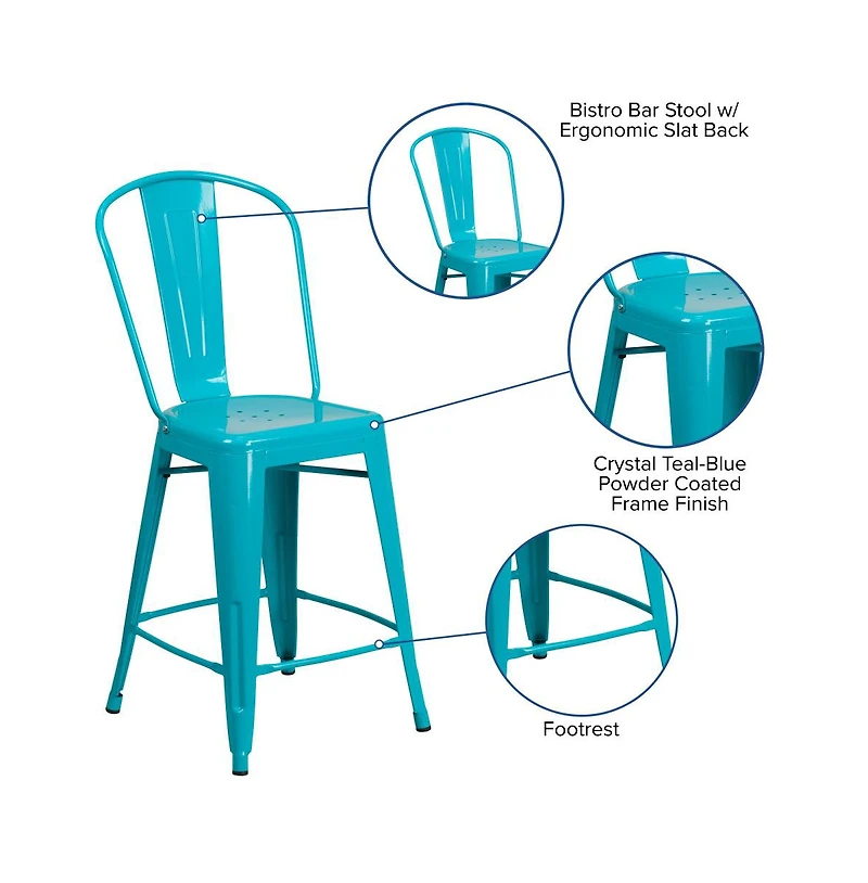 Stella 24" Metal Indoor-Outdoor Counter Stool With Vertical Slat Back And Integrated Footrest