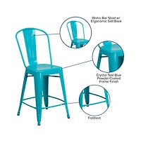 Stella 24" Metal Indoor-Outdoor Counter Stool With Vertical Slat Back And Integrated Footrest