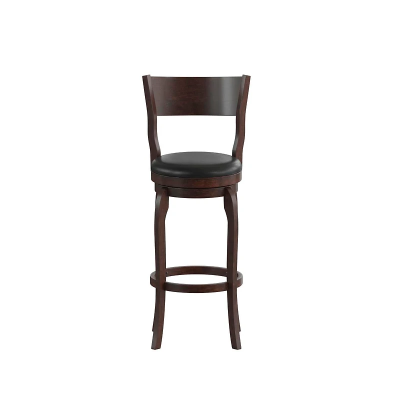 Tally 30" Classic Wooden Open Back Swivel Bar Height Pub Stool With Upholstered Padded Seat And Integrated Footrest