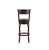 Tally 30" Classic Wooden Open Back Swivel Bar Height Pub Stool With Upholstered Padded Seat And Integrated Footrest