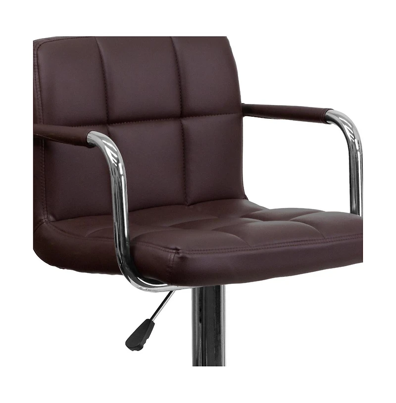 Contemporary Quilted Vinyl Adjustable Height Barstool With Arms