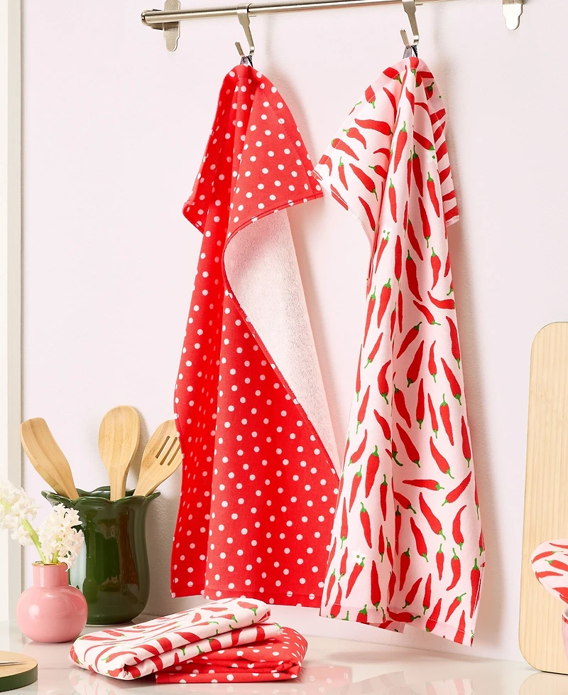 Kate Spade New York Hot Hot Hot Peppers and Spring Time Dot Kitchen Towel 4-Pack