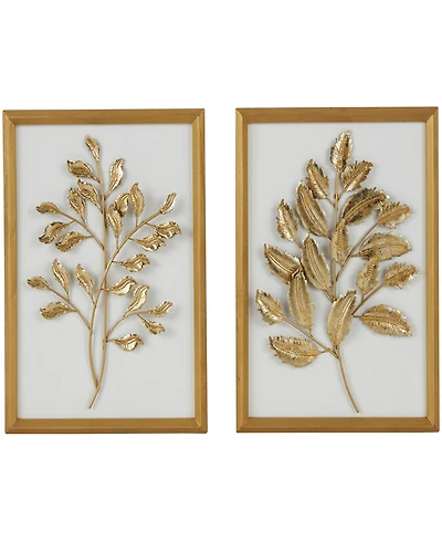 Rosemary Lane Gold Wood Leaf 3D Wall Decor with Beveled Frame, Set of 2 13"W, 17"H