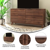 Emma+Oliver Beverly Mid-Century Modern Wooden Buffet With Soft Close Doors, Shelving And Sleek Tapered Legs With Protective Floor Glides