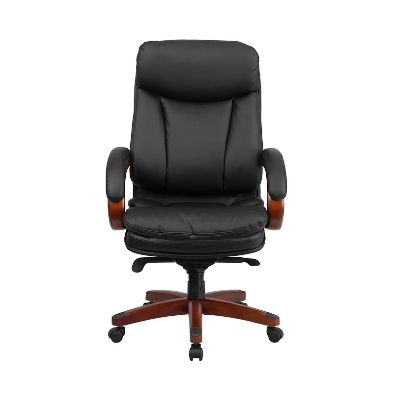 Emma+Oliver High Back Leather Executive Swivel Ergonomic Office Chair With Synchro-Tilt Mechanism, Mahogany Wood Base And Arms