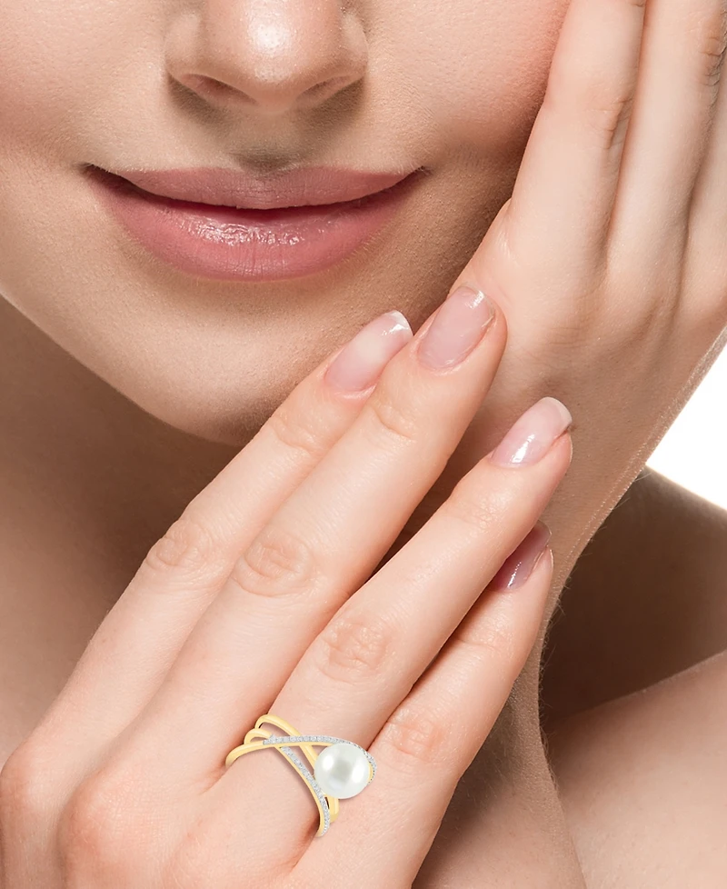 Effy Freshwater Pearl (8-1/2mm) & Diamond (1/10 ct. t.w.) Multirow Crossover Statement Ring