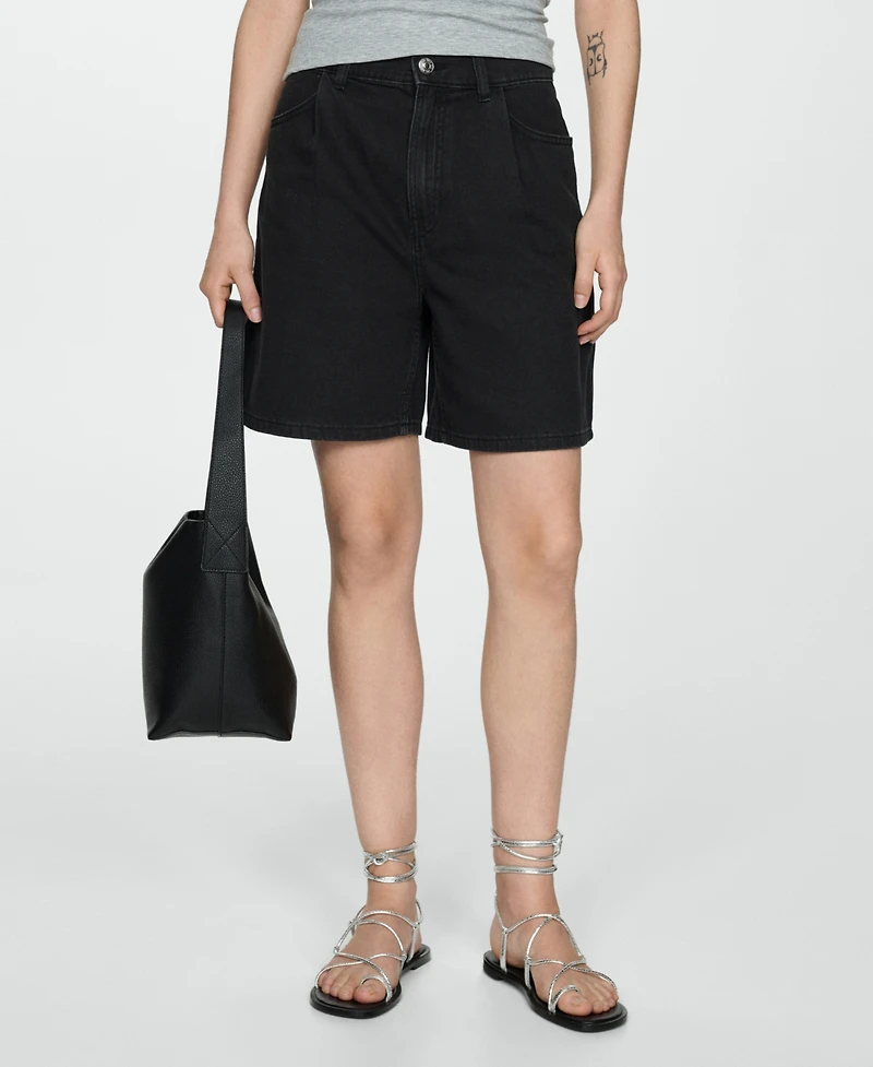 Mango Women's Pleats Detail Denim Shorts
