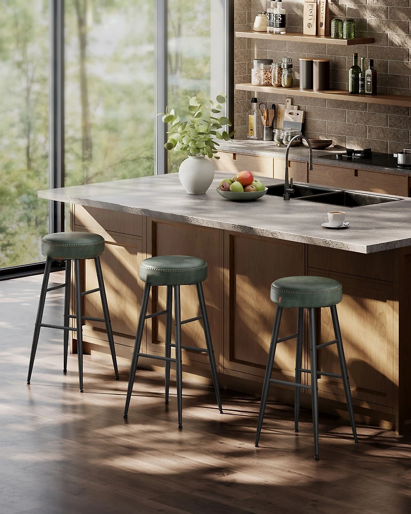 Set Of 2, Kitchen Bar Stools, Breakfast Stools, Synthetic Leather With Stitching