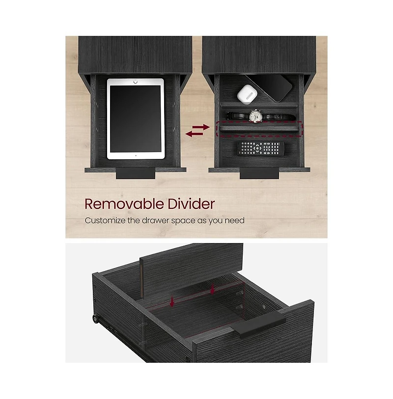 Narrow Nightstand Side Table With Usb Ports, Charging Station And Drawers