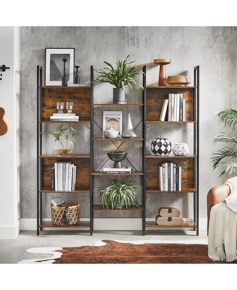 Triple Wide 5 Tier Bookshelf, Bookcase With 14 Storage Shelves, Metal Frame, Living Room