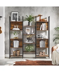 Triple Wide 5 Tier Bookshelf, Bookcase With 14 Storage Shelves, Metal Frame, Living Room