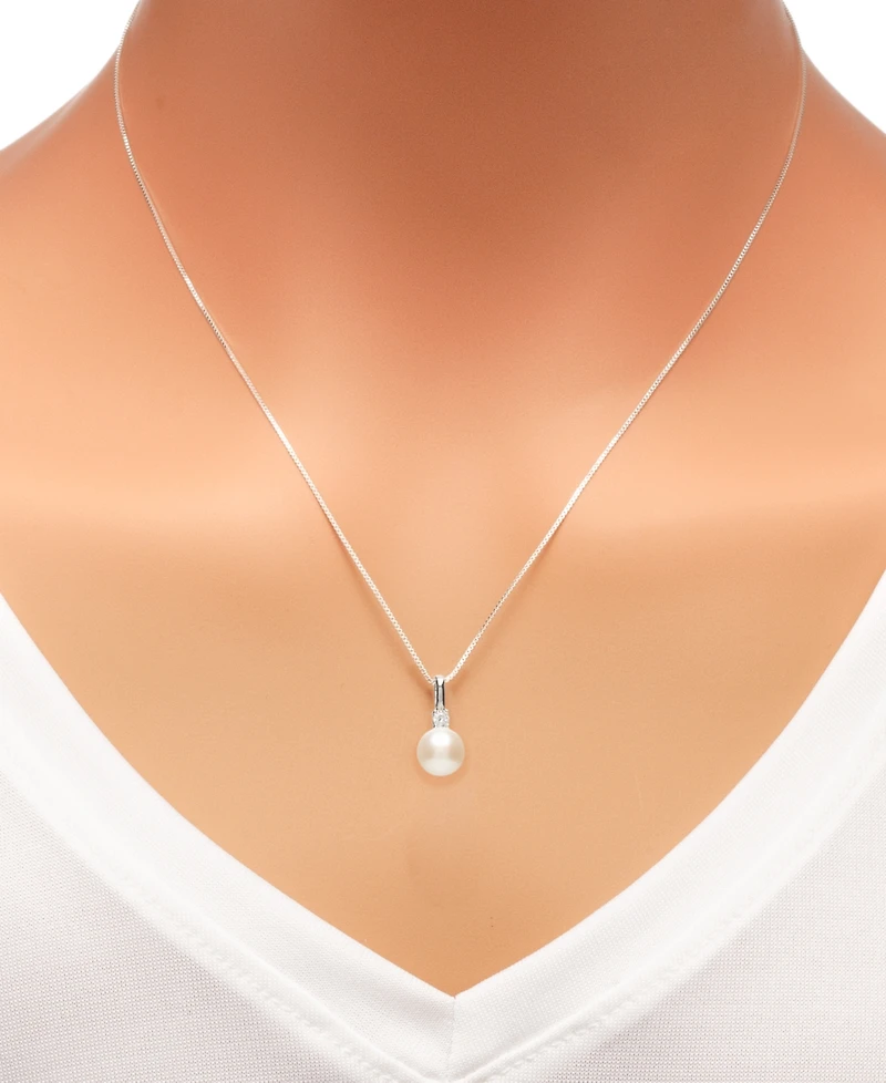 2-Pc. Set Cultured Freshwater Pearl (7-1/2 & 8-1/2mm) Cubic Zirconia Pendant Necklace Matching Stud Earrings Sterling Silver
