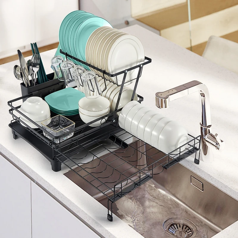 2-Tier Collapsible Expandable Dish Rack with Swivel Drain Spout and Rust-Resistant Stainless Steel Frame