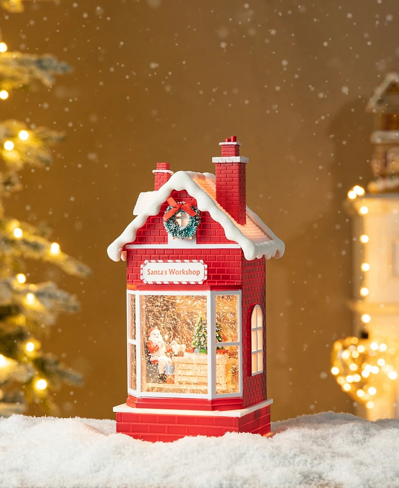 Glitzhome 10.5"H Lighted Santa's Workshop Waterglobe