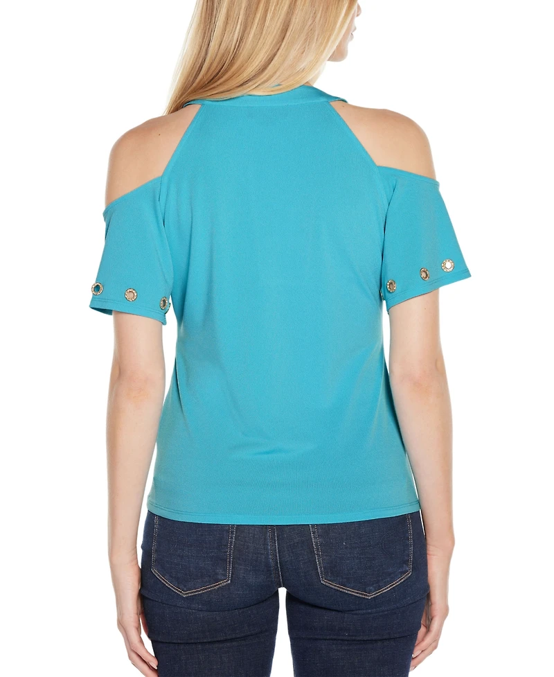 Belldini Women's Cold-Shoulder Grommet Trim Knit Top