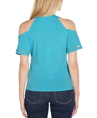 Belldini Women's Cold-Shoulder Grommet Trim Knit Top