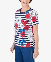 Alfred Dunner Women's Floral Stripe Braided Neck Tee