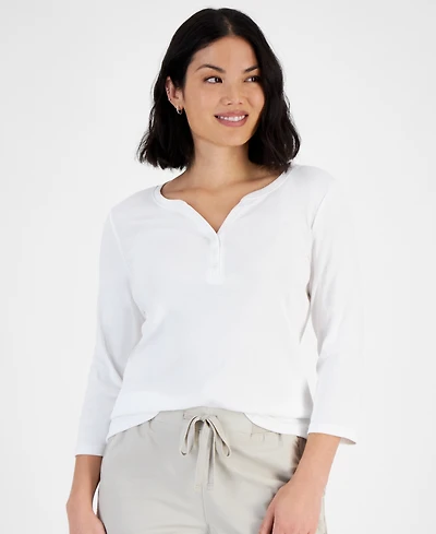 Style & Co Petite Cotton Knit Henley 3/4-Sleeve Top, Created for Macy's