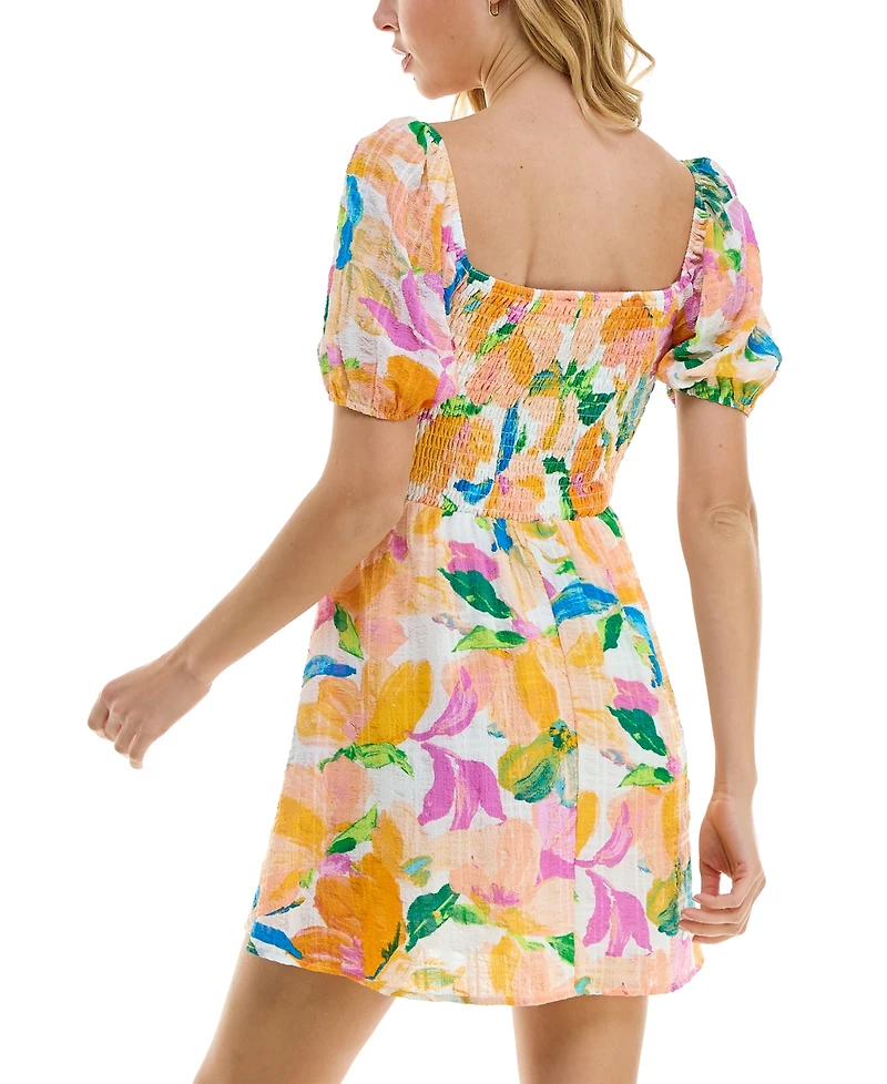 As U Wish Juniors' Puffed-Sleeve Floral-Print Smocked-Back Dress
