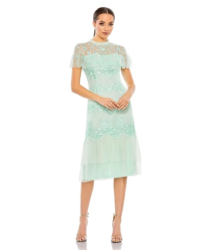 Mac Duggal Women's High Neck Mesh Tier Embroidered Dress