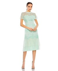 Mac Duggal Women's High Neck Mesh Tier Embroidered Dress