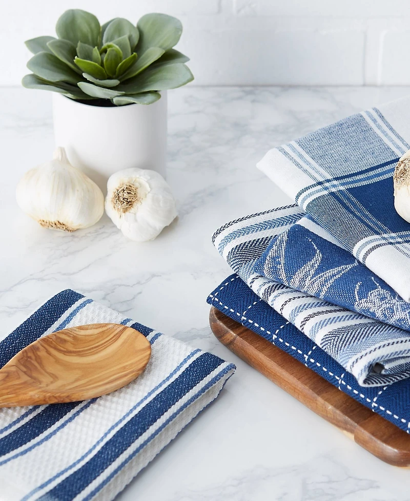 Design Imports Assorted Pattern, Kitchen Collection, Dishtowels Dishcloth, Marine Blue, 5 Piece