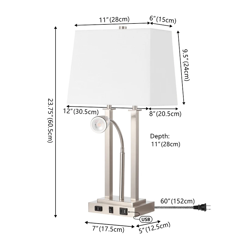 Jonathan Y Blaire 23.75" 2-Light Modern Farmhouse Metal Led Table Lamp with Usb Charging port, Adjustable Reading Light and Ac Outlet, Oil Rubbed Bron
