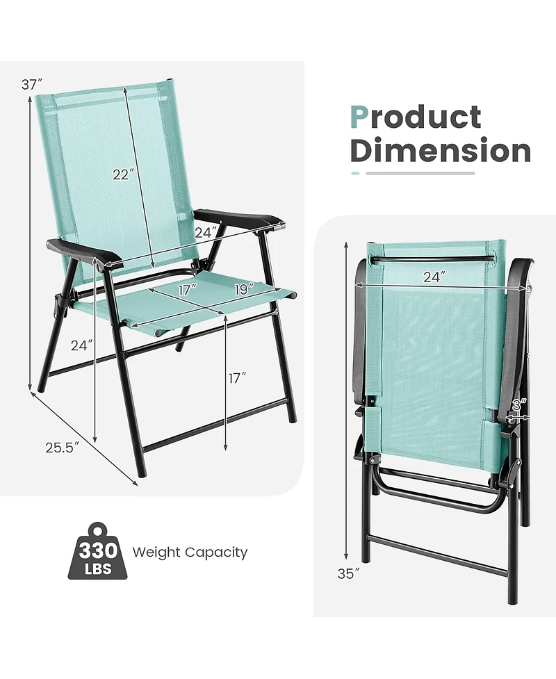 Gymax Set of 2 Patio Folding Chairs Outdoor Portable Pack Lawn Chairs w/ Armrests Mint Green