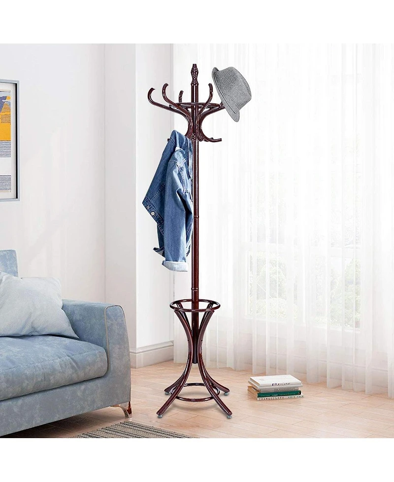 Wood Standing Hat Coat Rack with Umbrella Stand