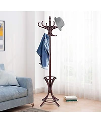 Wood Standing Hat Coat Rack with Umbrella Stand