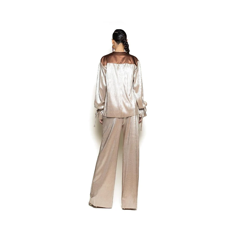 Terese Sydonna Women's Long Tie Sleeve Rose Gold Shimmer Pleated Tuxedo Top