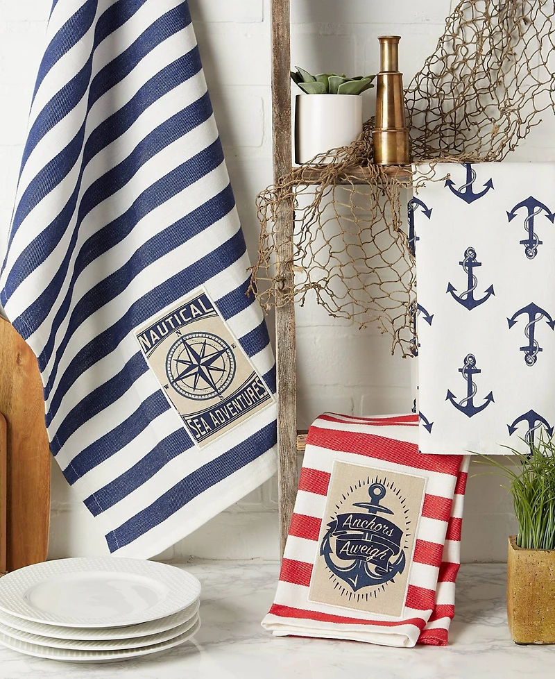 Design Imports Maritime Collection Kitchen Dishtowel Set, 18x28, Anchor Stripes, 3 Piece