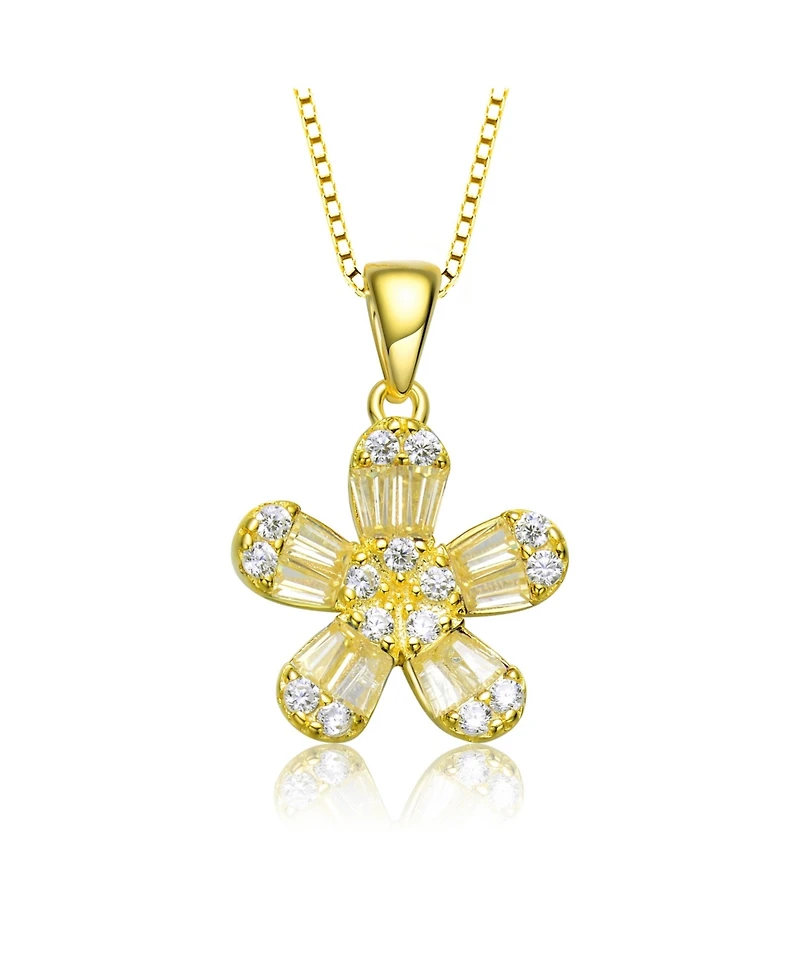 Sterling Silver with Gold Plated Multi Color Baguette Cubic Zirconia Flower Style Pendant Necklace