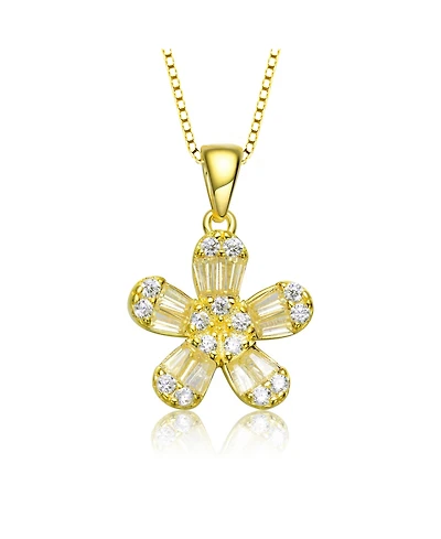Sterling Silver with Gold Plated Multi Color Baguette Cubic Zirconia Flower Style Pendant Necklace