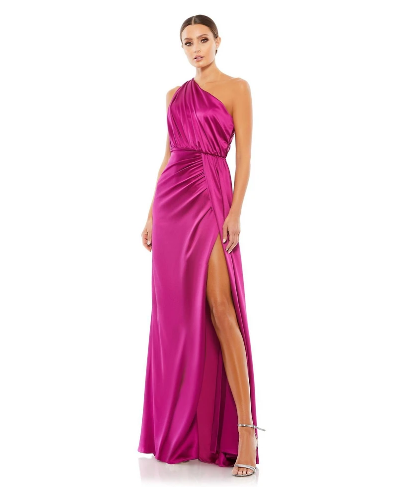 Mac Duggal Women's Gathered One Shoulder Satin Faux Wrap Gown