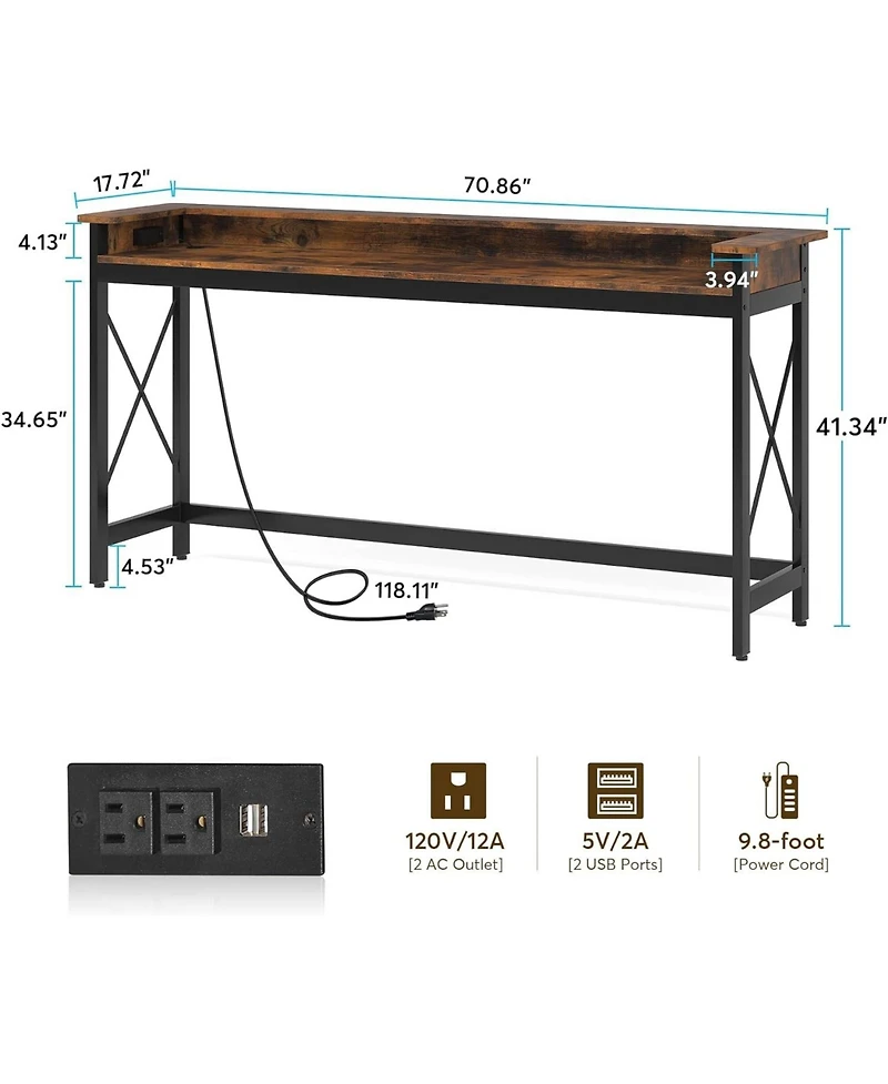 Tribesigns Sofa Table with Outlets and Usb Ports, 70.9 inch Extra Long Console Table Behind Couch with Charging Station, Industrial Narrow Entryway Ha