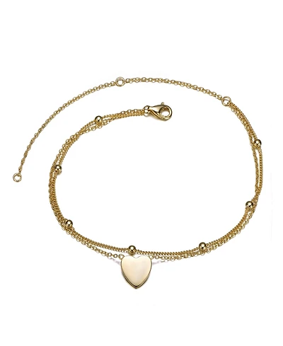 GiGiGirl 14k Gold Plated Hammered Heart Charm Bead Link Double-Layer Chain Anklet, Adjustable Length