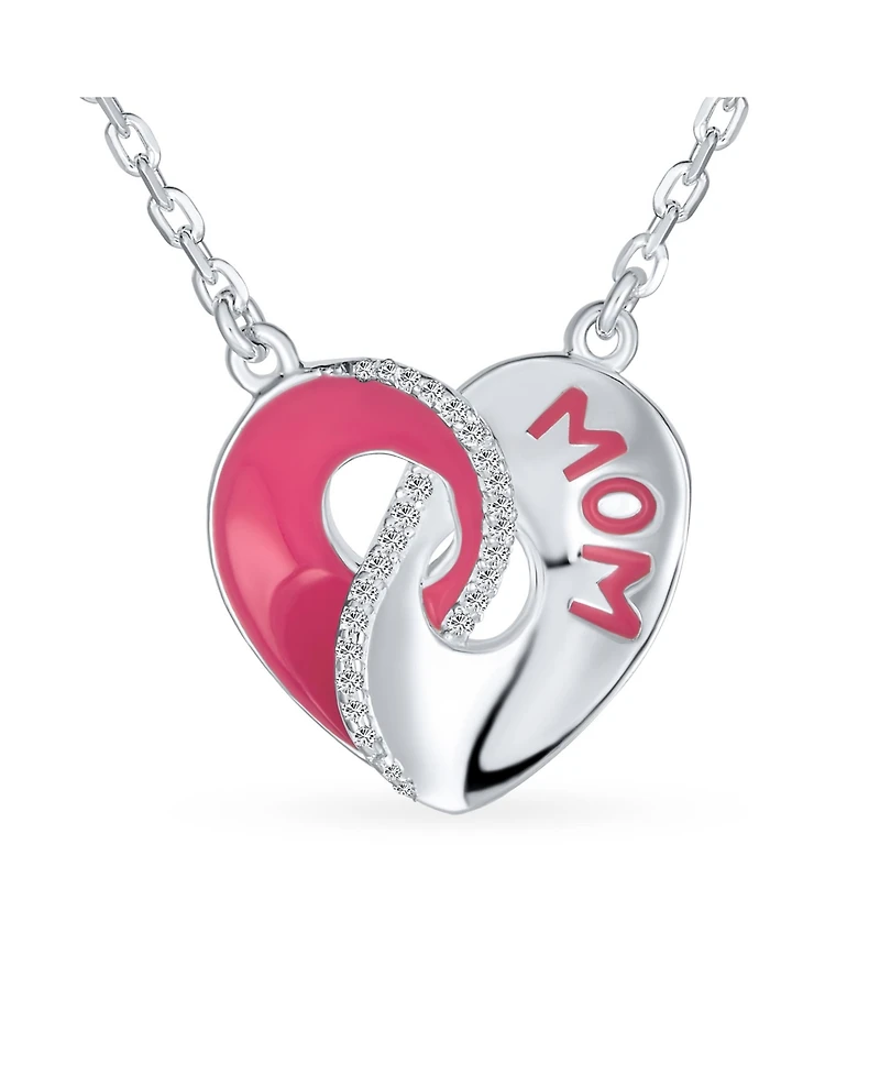 Bling Jewelry Crystal Accent 3D Interlocking Pink Enamel Heart Message Word Mom Heart Necklace Pendant For Women Mother Sterling Silver