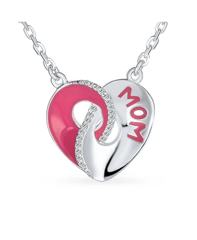 Bling Jewelry Crystal Accent 3D Interlocking Pink Enamel Heart Message Word Mom Heart Necklace Pendant For Women Mother Sterling Silver