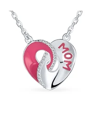 Bling Jewelry Crystal Accent 3D Interlocking Pink Enamel Heart Message Word Mom Heart Necklace Pendant For Women Mother Sterling Silver