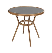 Merrick Lane Mael Bistro Style Table With Tempered Glass Top, Textilene, And Bamboo Finished Metal Frame For Indoor/Outdoor Use