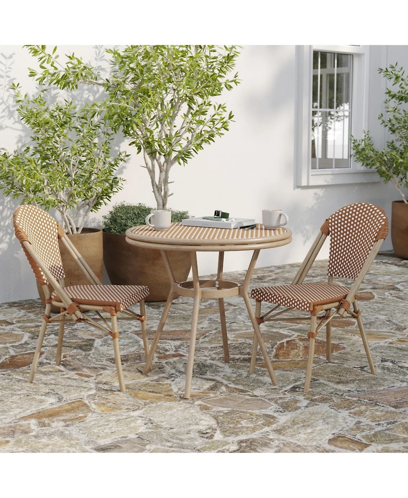 Merrick Lane Celia Bistro Style Table With Glass Top, Pe Rattan, Stack Chairs