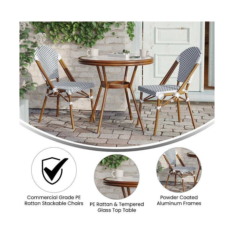 Merrick Lane Celia Bistro Style Table With Glass Top, Pe Rattan, Stack Chairs
