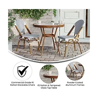 Merrick Lane Celia Bistro Style Table With Glass Top, Pe Rattan, Stack Chairs