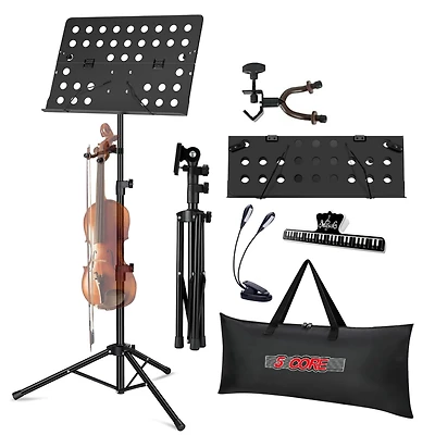5 Core Music Stand For Sheet Music Height Adjustable Portable Folding Atril Para Partituras w Light Clip for Guitar Players Violinists Cellists Pianis